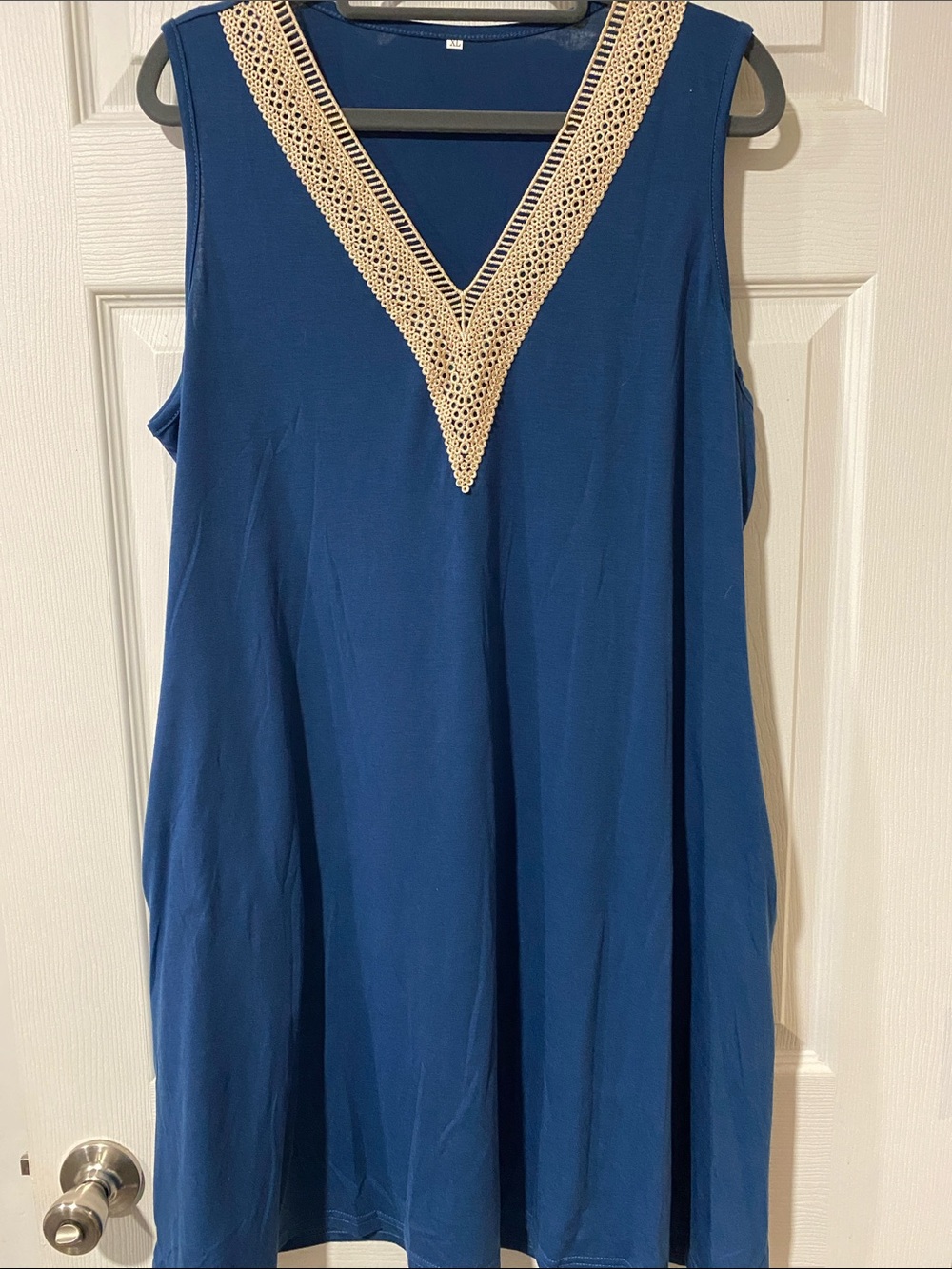 Navy V-Neck Top with Cream Crochet Trim with Pockets - NWOT
